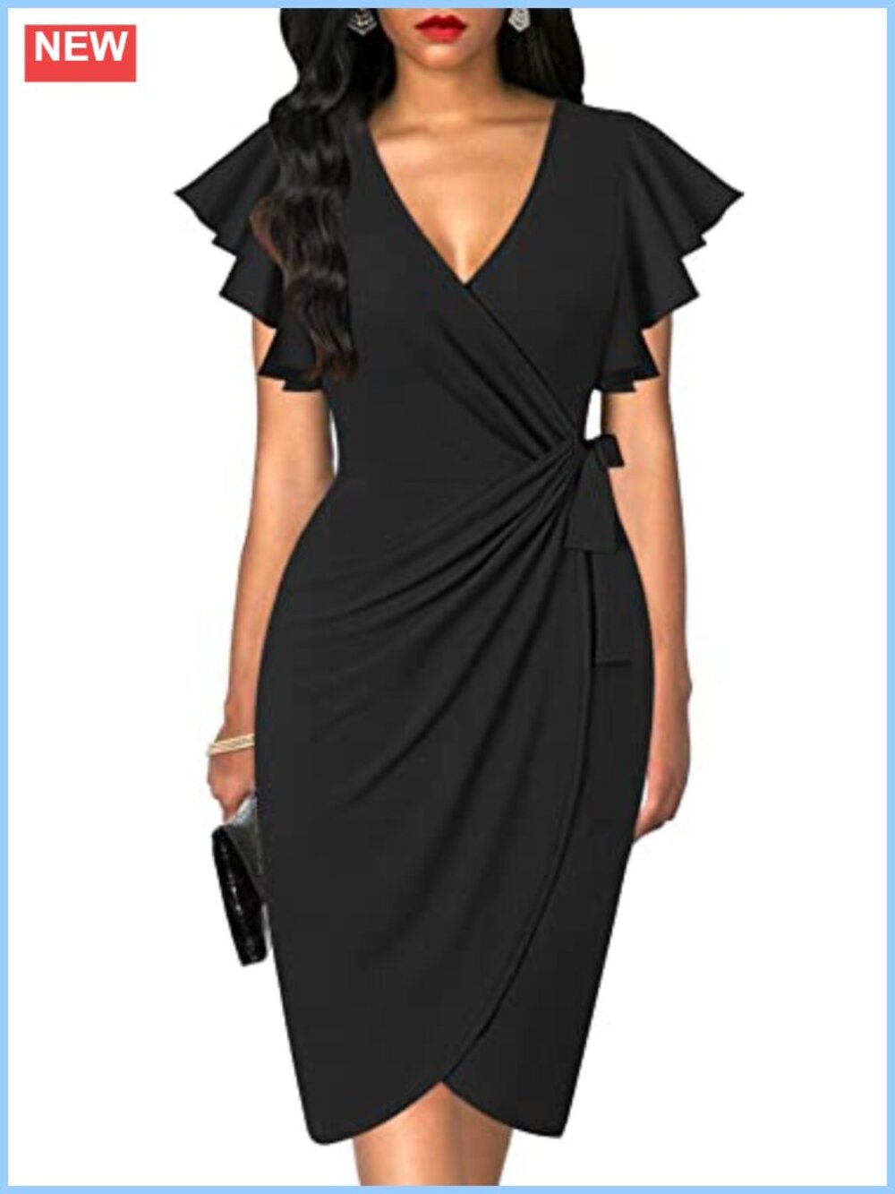 Womens Faux Wrap Dress Deep V Neck Ruffle Sleeves Cocktail Work Business Dress